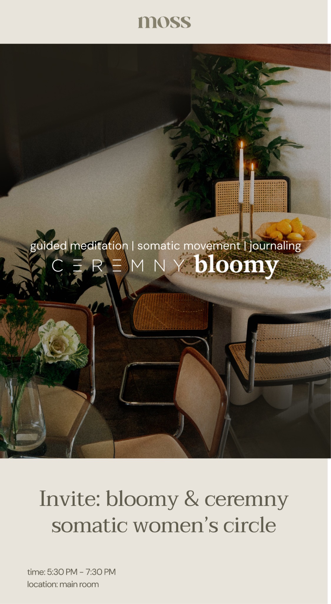 Moss Bloomy and Ceremony somatic women's circle email design