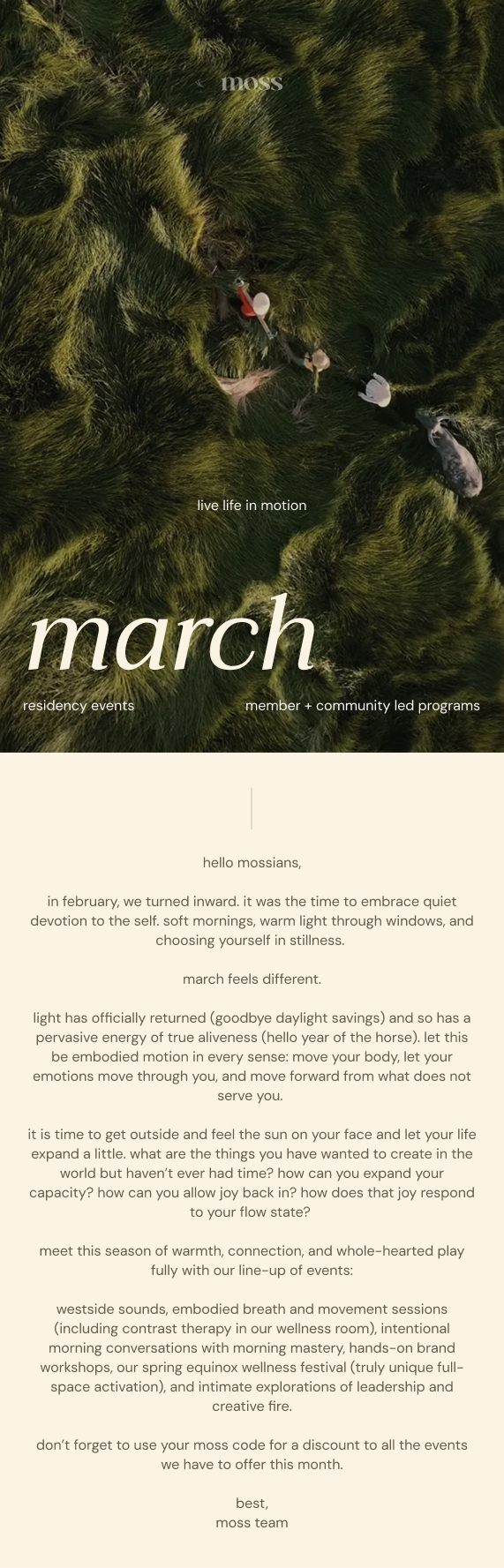 Moss March member programming email featuring residency events and community-led programs