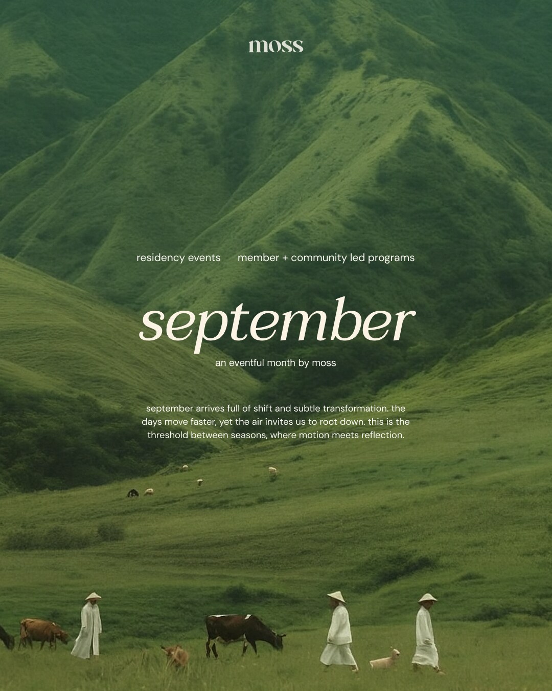 Moss September programming social campaign with a green mountain landscape