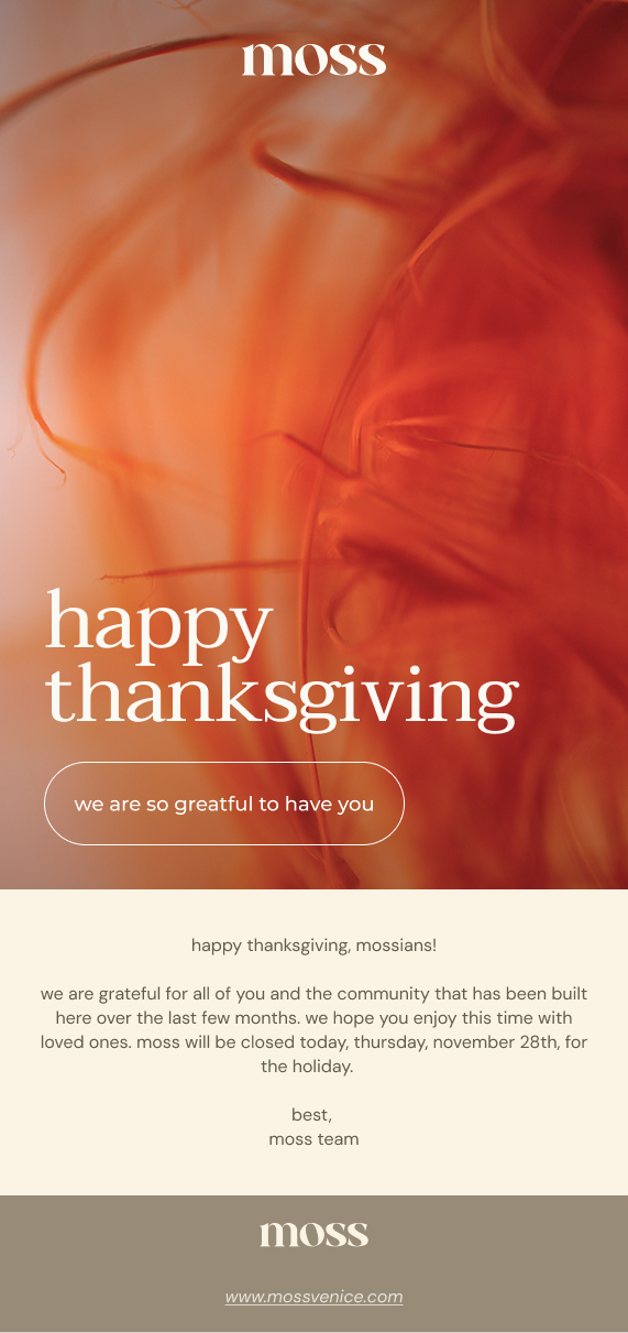 Moss Thanksgiving member email in a red colorway