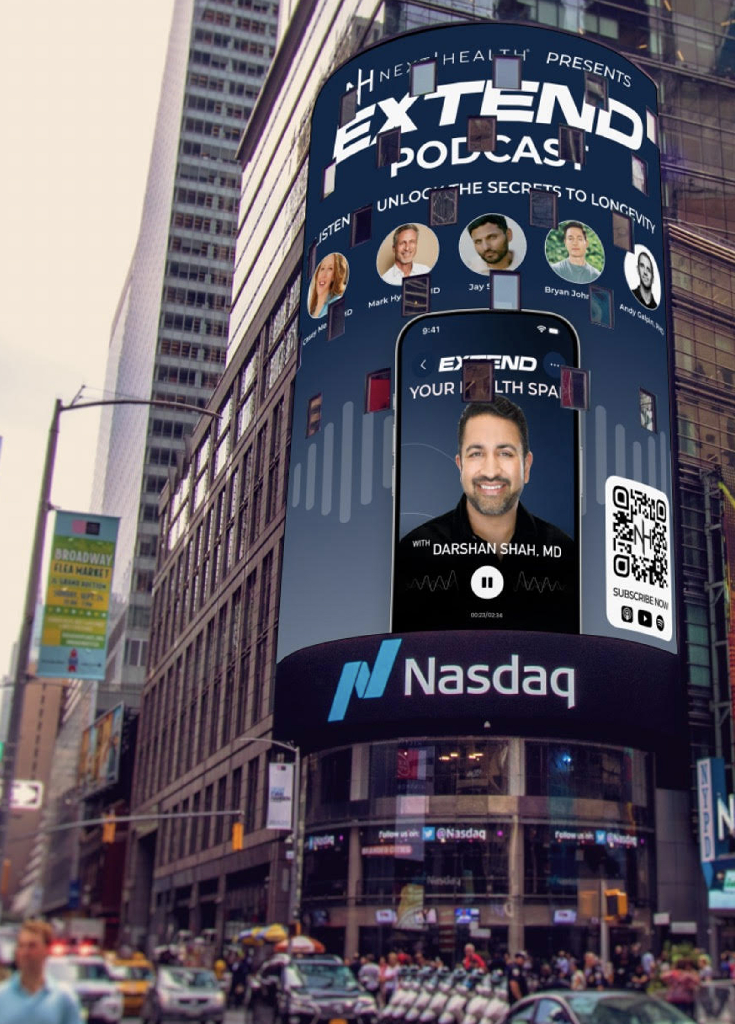 Next Health Extend Podcast digital billboard displayed on the Nasdaq tower in Times Square