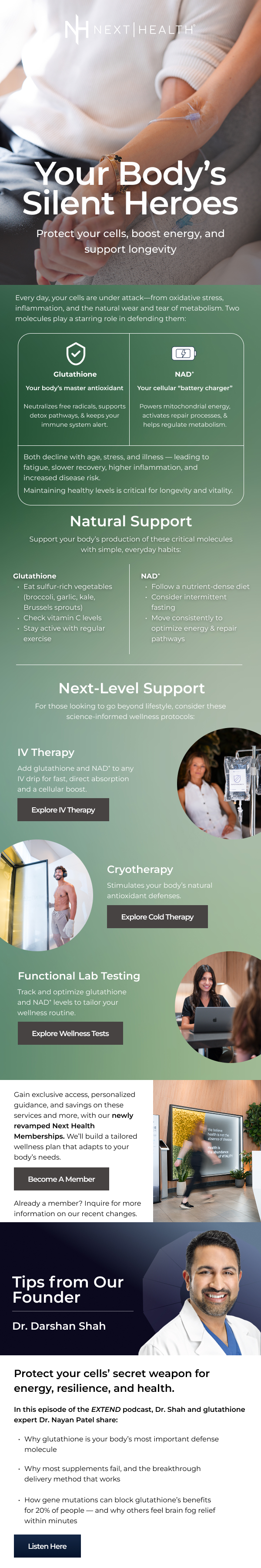 Next Health educational email about glutathione, NAD+ and longevity support